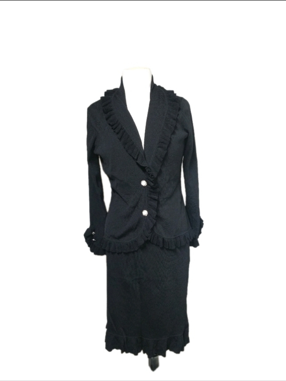 VERTIGO PARIS BLACK 2 BUTTON SKIRT AND BLAZER RUFFLE SUIT SIZE L